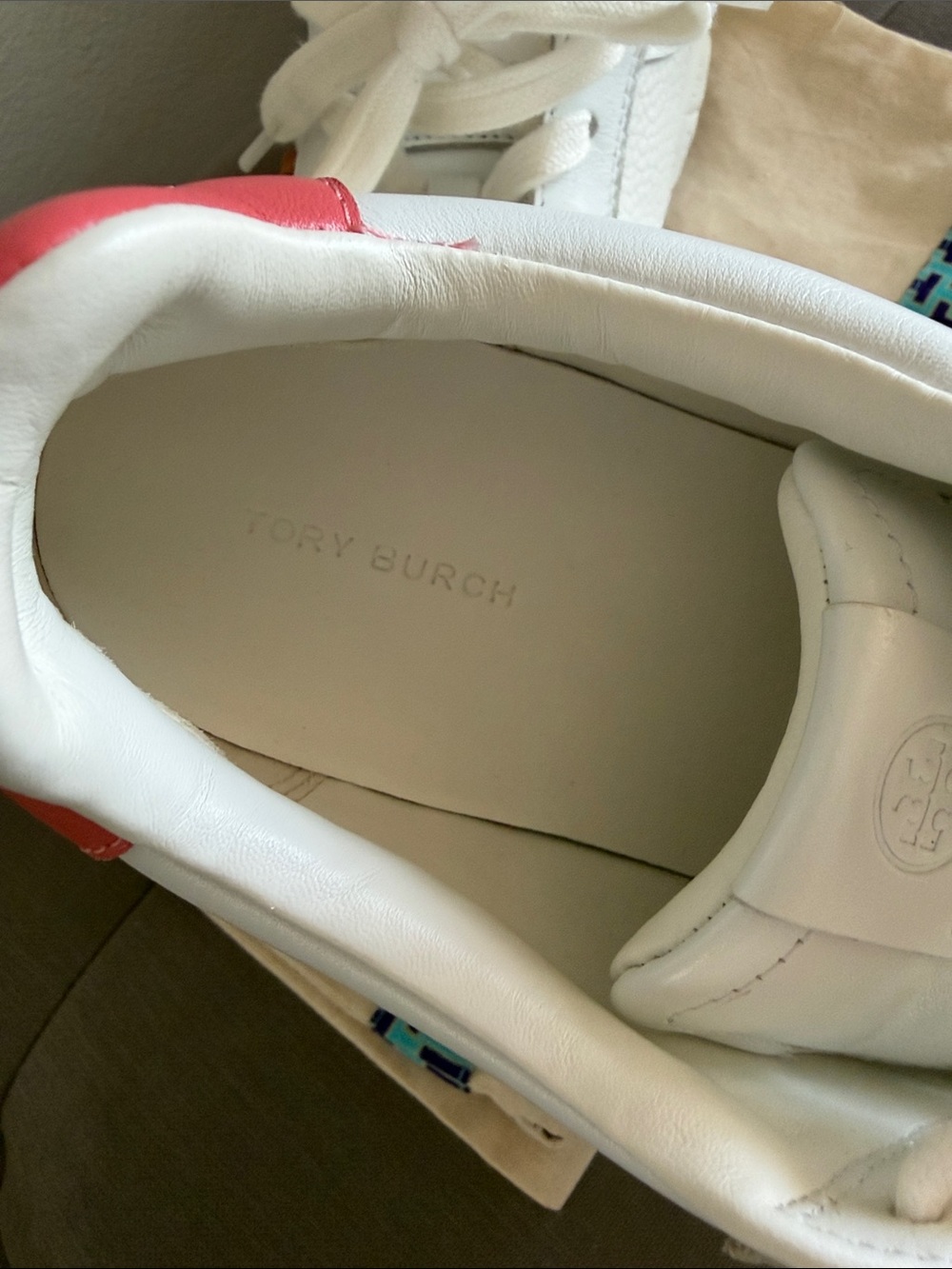 Tory Burch White Leather Ladybug Sneaker with Coral Crush Heel Tab - Picture 7 of 8